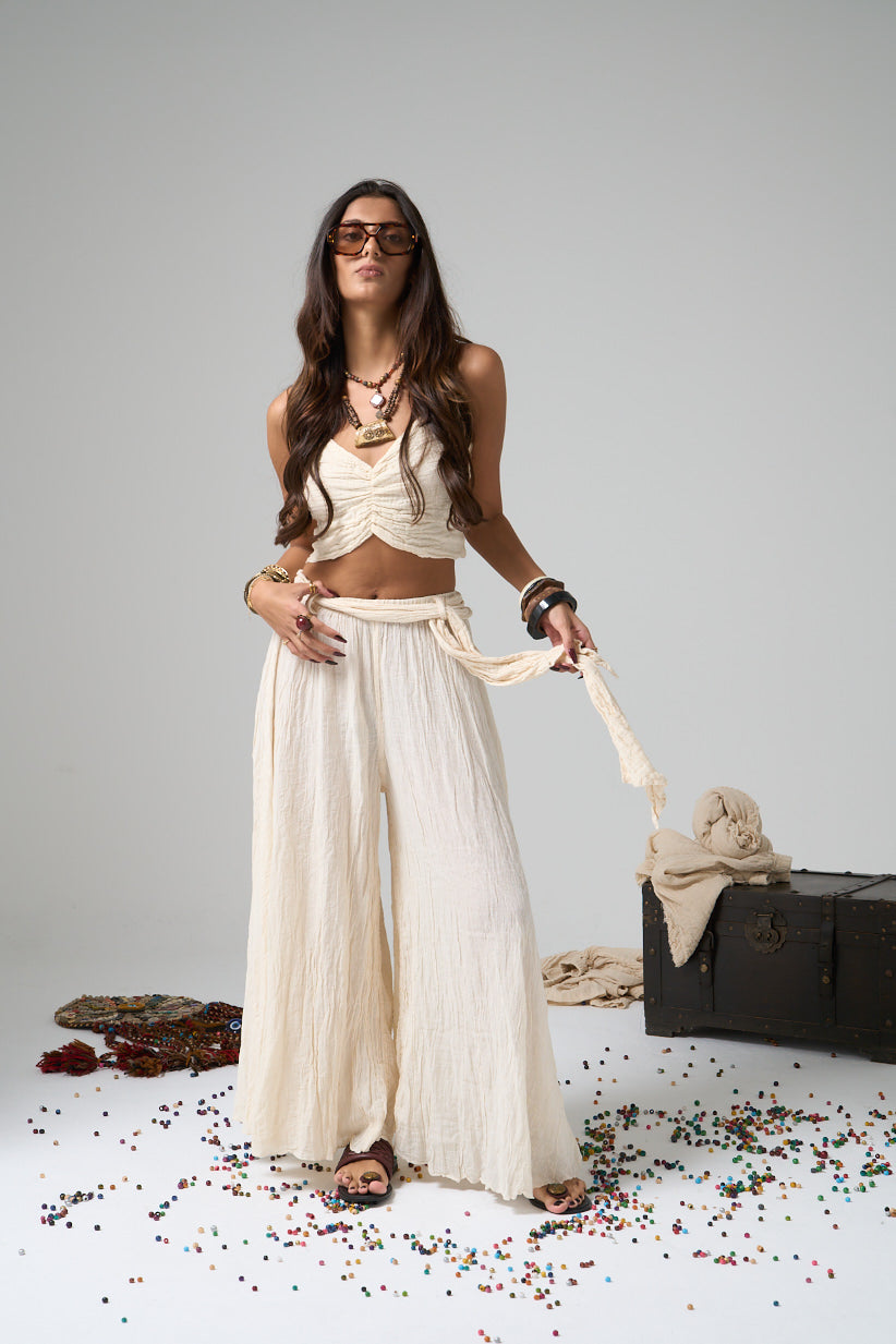 Bohemian Wide-Leg Crepe Pants - Cream, High-Waist, Relaxed Fit
