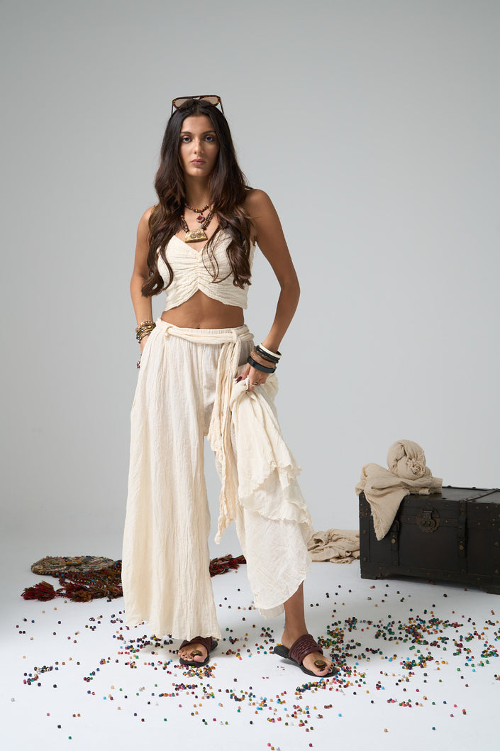 Bohemian Wide-Leg Crepe Pants - Cream, High-Waist, Relaxed Fit