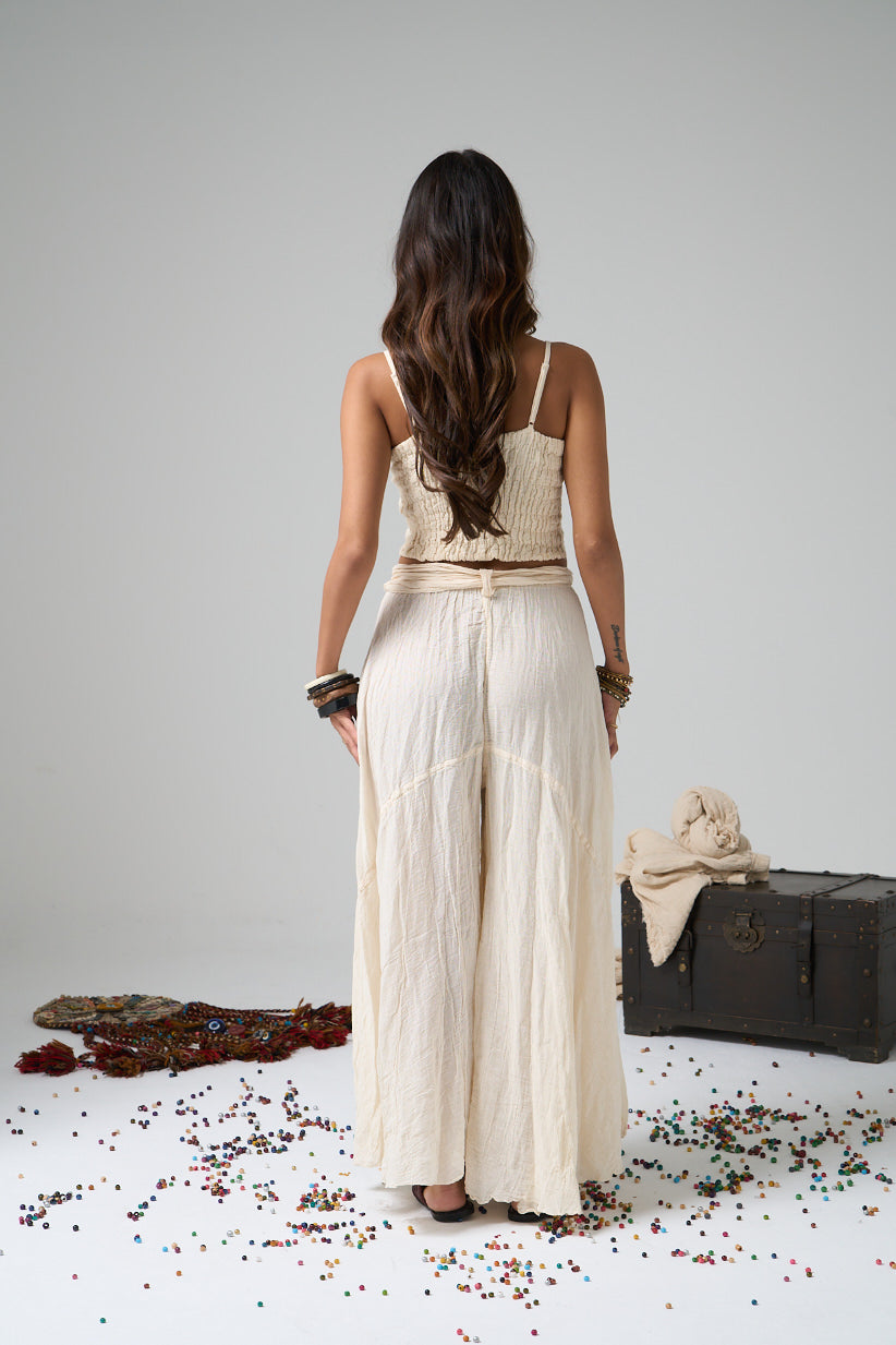 Bohemian Wide-Leg Crepe Pants - Cream, High-Waist, Relaxed Fit