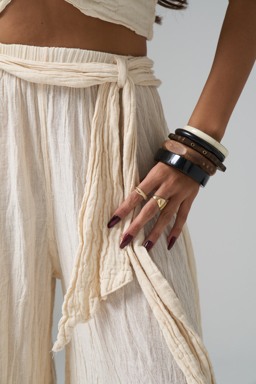 Bohemian Wide-Leg Crepe Pants - Cream, High-Waist, Relaxed Fit